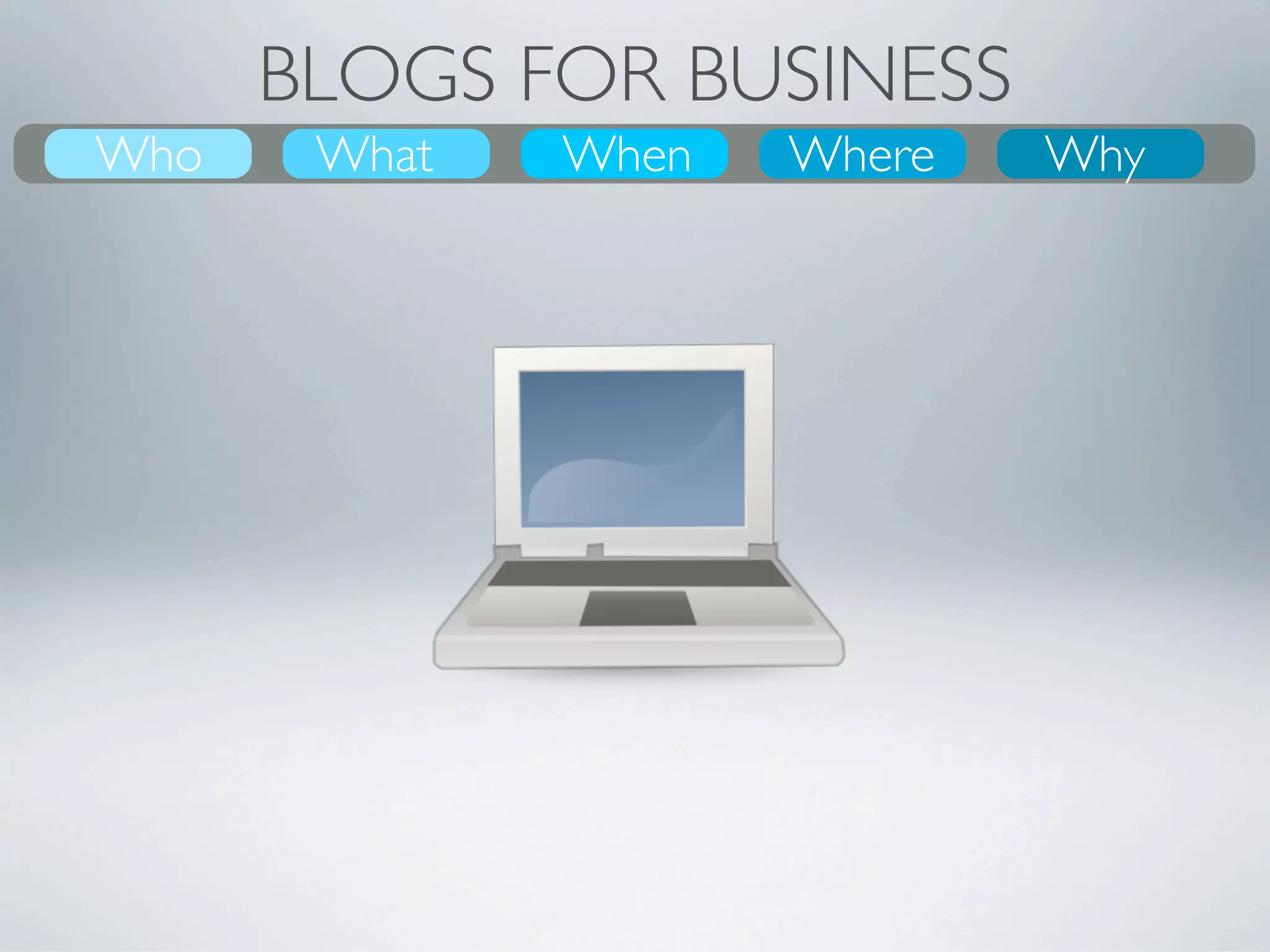 BLOGS FOR BUSINESS
What
Who     What
        Why    Where
               When    Where
                       When    Who
                               Why
 