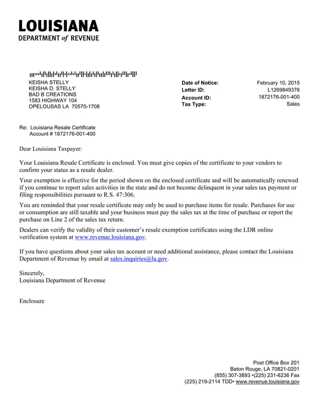 Louisiana Resale Certificate | PDF | Personal Taxes | Personal Finance
