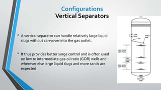 • A vertical separator can handle relatively large liquid
slugs without carryover into the gas outlet.
• It thus provides better surge control and is often used
on low to intermediate gas-oil ratio (GOR) wells and
wherever else large liquid slugs and more sands are
expected
Configurations
Vertical Separators
 