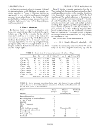 a priori pseudoexperiments where the expected yields and
the parameters in the proﬁle likelihood are sampled ran-
domly according to Poisson or Gaussian statistics (as
appropriate). In cases where the true frequentist statistical
coverage is not achieved due to the limitations of the
proﬁle likelihood method, coverage is assured by correct-
ing for the slight biases (of order 1–2% in the central values
and/or uncertainties).
B. Muon þ Jet analysis
For the muon channel we make two modiﬁcations to the
basic event selection discussed above. Instead of using the
isolation cut of Irel  0:05, we require that the selected
muon tracks are found to be isolated by the particle-ﬂow
reconstruction and pass a cut of Irel  0:15. The results of
the ﬁt are shown in Table II. The ﬁt considers events with
one tag (1-tag) and two and more tags (2-tag) separately,
giving nine jet-tag ‘‘bins’’ (subsamples) which are ﬁt by
the joint likelihood. Table II lists the observed and ﬁtted
rates for each jet-tag bin.
Table III lists the systematic uncertainties from the ﬁt.
These include both the theoretical uncertainties from the tt
modeling and the corrections used to match the simulations
to the data and give a total uncertainty of 4.3% for the tt
signal model. The unclustered energy in the detector re-
sults in an additional resolution uncertainty of 1% on the
6ET scale. We combine these with the data-simulation un-
certainties due to the jet energy scale and jet resolution
modeling, the b-tag efﬁciency and mistag rate and obtain a
total systematic uncertainty of 12.5%. For illustrative pur-
poses, in Table III, we have broken up the pieces of the
proﬁle likelihood and quote the uncertainties due to the
individual contributions. These are the result of ﬁxing all of
the other parameters of the likelihood and only allowing
the chosen term to vary.
This yields a cross section measurement of
tt ¼ 145 Æ 12ðstatÞ Æ 18ðsystÞ Æ 6ðlumiÞ pb; (6)
where the last uncertainty corresponds to the 4% uncer-
tainty on the total integrated luminosity [8]. The ﬁt
TABLE II. Results of the ﬁt for muon þ jets events with at least 1 b tag.
Data Fit tt tðtÞ W þ b jets W þ c jets W þ q q Z þ jets QCD
1 jet 1 b tag 505 504.0 13.3 25.0 94.2 255.1 81.9 13.9 20.6
2 jets 1 b tag 314 318.2 51.0 29.4 82.6 97.7 35.0 7.3 15.1
3 jets 1 b tag 166 158.5 78.3 14.8 29.5 21.9 10.4 2.8 0.8
4 jets 1 b tag 85 89.2 60.6 4.9 12.8 5.5 3.3 1.3 0.8
! 5 jets 1 b tag 45 43.8 34.6 1.5 4.6 1.8 0.9 0.2 0.2
2 jets ! 2 b tags 29 24.1 14.7 3.3 5.3 0.5 0.2 0.2 0.0
3 jets ! 2 b tags 37 44.0 35.2 3.8 3.9 0.8 0.0 0.2 0.0
4 jets ! 2 b tags 41 41.0 36.2 1.9 2.4 0.4 0.0 0.1 0.0
! 5 jets ! 2 b tags 27 26.0 24.0 0.8 1.0 0.1 0.1 0.1 0.0
Total 1249 1248.8 347.8 85.4 236.2 383.8 131.8 26.1 37.6
TABLE III. List of systematic uncertainties for the muon þ jet, electron þ jet, and combined
analyses. Because of the correlation between parameters in the ﬁt, the combined number is not
the sum of the squares of the contributions.
Source Muon Electron Combined
Analysis Analysis Analysis
Quantity Uncertainty (%)
Lepton ID/reco/trigger 3
6ET resolution due to unclustered energy 1
tt þ jets Q2 scale 2
ISR/FSR 2
ME to PS matching 2
PDF 3
Proﬁle likelihood parameter Uncertainty (%)
Jet energy scale and resolution 10 9 7
b-tag efﬁciency 9 8 8
W þ jets Q2
scale 4 3 9
Combined 13 12 12
S. CHATRCHYAN et al. PHYSICAL REVIEW D 84, 092004 (2011)
092004-6
 