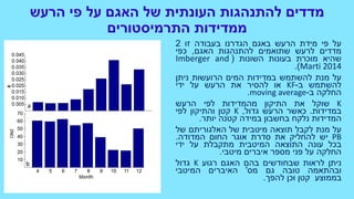 ‫של‬ ‫העונתית‬ ‫להתנהגות‬ ‫מדדים‬‫הרעש‬ ‫פי‬ ‫על‬ ‫האגם‬
‫ממדידות‬‫התרמיסטורים‬
‫על‬‫פי‬‫מידת‬‫הרעש‬‫באגם‬‫הגדרנו‬‫בעבודה‬‫זו‬2
‫מדדים‬‫לרעש‬‫שתואמים‬‫להתנהגות‬‫האגם‬,‫כפי‬
‫שהיא‬‫מוכרת‬‫בעונות‬‫השונות‬(Imberger and
Marti 2014).
‫על‬‫מנת‬‫להשתמש‬‫במדידות‬‫המים‬‫הרועשות‬‫ניתן‬
‫להשתמש‬‫ב‬-KF‫או‬‫להסיר‬‫את‬‫הרעש‬‫על‬‫ידי‬
‫החלקה‬‫ב‬-moving average.
K‫שוקל‬‫את‬‫התיקון‬‫מהמדידות‬‫לפי‬‫הרעש‬
‫במדידות‬.‫כאשר‬‫הרעש‬‫גדול‬,K‫קטן‬‫והתיקון‬‫לפי‬
‫המדידות‬‫נלקח‬‫בחשבון‬‫במידה‬‫קטנה‬‫יותר‬.
‫על‬‫מנת‬‫לקבל‬‫תוצאה‬‫מיטבית‬‫של‬‫האלגוריתם‬‫של‬
PB‫יש‬‫להחליק‬‫את‬‫סדרת‬‫אוגר‬‫החום‬‫המדודה‬.
‫בכל‬‫עונה‬‫התוצאה‬‫המיטבית‬‫מתקבלת‬‫על‬‫ידי‬
‫החלקה‬‫על‬‫פני‬‫מספר‬‫איברים‬‫מיטבי‬.
‫ניתן‬‫לראות‬‫שבחודשים‬‫בהם‬‫האגם‬‫רגוע‬K‫גדול‬
‫ובהתאמה‬‫טובה‬‫גם‬‫מס‬'‫האיברים‬‫המיטבי‬
‫בממוצע‬‫קטן‬‫וכן‬‫להפך‬.
 