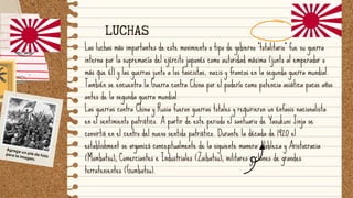 Las luchas más importantes de este movimiento o tipo de gobierno “totalitario” fue su guerra
interna por la supremacía del ejército japonés como autoridad máxima (junto al emperador o
más que él) y las guerras junto a los fascistas, nazis y francos en la segunda guerra mundial.
También se encuentra la Guerra contra China por el poderío como potencia asiática pocos años
antes de la segunda guerra mundial.
Las guerras contra China y Rusia fueron guerras totales y requirieron un énfasis nacionalista
en el sentimiento patriótico. A partir de este periodo el santuario de Yasukuni Jinja se
convirtió en el centro del nuevo sentido patriótico. Durante la década de 1920 el
establishment se organizó conceptualmente de la siguiente manera: Nobleza y Aristocracia
(Mombatsu); Comerciantes e Industriales (Zaibatsu); militares y clanes de grandes
terratenientes (Gumbatsu).
Agrega un pie de foto
para la imagen.
LUCHAS
 