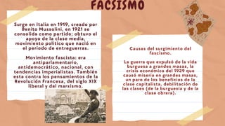 FACSISMO
Surge en Italia en 1919, creado por
Benito Mussolini, en 1921 se
consolida como partido; obtuvo el
apoyo de la clase media,
movimiento político que nació en
el periodo de entreguerras.
Movimiento fascista: era
antiparlamentario,
antidemocrático, nacional, con
tendencias imperialistas. También
esta contra los pensamientos de la
Revolución Francesa, del siglo XIX
liberal y del marxismo.
Causas del surgimiento del
fascismo.
La guerra que expulsó de la vida
burguesa a grandes masas, la
crisis económica del 1929 que
causó miseria en grandes masas,
un paro de los beneficios de la
clase capitalista, debilitación de
las clases (de la burguesía y de la
clase obrera).
 