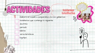 Elabora un cuadro comparativo d e los gobiernos
totalitarios que contenga lo siguiente:
doctrina
periodo
lideres
xaracteristicas
logotipo
Gobiernos
totalitarios
ACTIVIDADES
ACTIVIDADES
1
 
