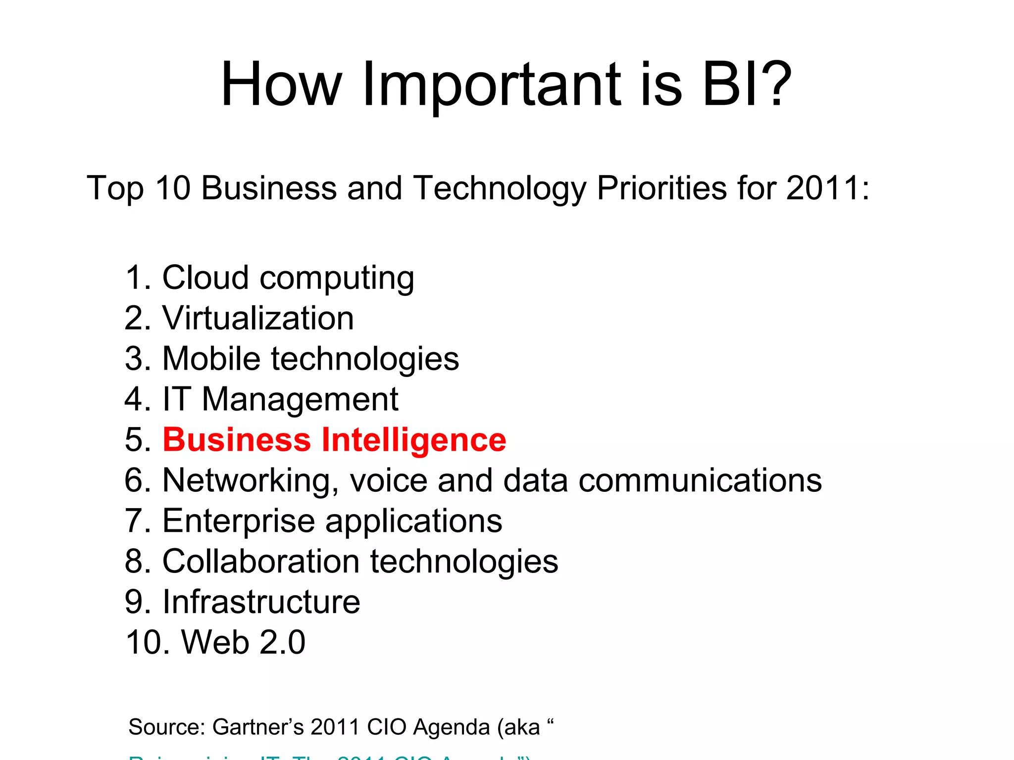 How Important is BI?
Top 10 Business and Technology Priorities for 2011:
1. Cloud computing
2. Virtualization
3. Mobile technologies
4. IT Management
5. Business Intelligence
6. Networking, voice and data communications
7. Enterprise applications
8. Collaboration technologies
9. Infrastructure
10. Web 2.0
Source: Gartner’s 2011 CIO Agenda (aka “
 