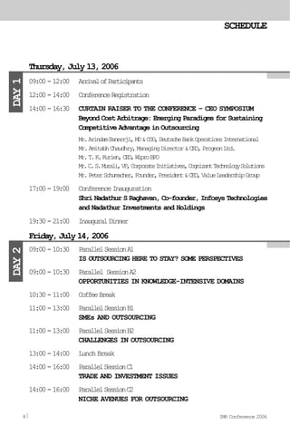 09:00-12:00 ArrivalofParticipants
12:00-14:00 ConferenceRegistration
14:00-16:30 CURTAIN RAISER TO THE CONFERENCE – CEO SYMPOSIUM
Beyond Cost Arbitrage: Emerging Paradigms for Sustaining
Competitive Advantage in Outsourcing
Mr.ArindamBanerrji,MD&COO,DeutscheBankOperationsInternational
Mr.AmitabhChaudhry,ManagingDirector&CEO,ProgeonLtd.
Mr.T.K.Kurien,CEO,WiproBPO
Mr.C.S.Murali,VP,CorporateInitiatives,CognizantTechnologySolutions
Mr.PeterSchumacher,Founder,President&CEO,ValueLeadershipGroup
17:00-19:00 ConferenceInauguration
Shri Nadathur S Raghavan, Co-founder, Infosys Technologies
and Nadathur Investments and Holdings
19:30-21:00 InauguralDinner
09:00-10:30 ParallelSessionA1
IS OUTSOURCING HERE TO STAY? SOME PERSPECTIVES
09:00-10:30 Parallel SessionA2
OPPORTUNITIES IN KNOWLEDGE-INTENSIVE DOMAINS
10:30-11:00 CoffeeBreak
11:00-13:00 ParallelSessionB1
SMEs AND OUTSOURCING
11:00-13:00 ParallelSessionB2
CHALLENGES IN OUTSOURCING
13:00-14:00 LunchBreak
14:00-16:00 ParallelSessionC1
TRADE AND INVESTMENT ISSUES
14:00-16:00 ParallelSessionC2
NICHE AVENUES FOR OUTSOURCING
Thursday, July 13, 2006
DAY1
Friday,July14,2006
DAY2
SCHEDULE
8 IMR Conference 2006
 