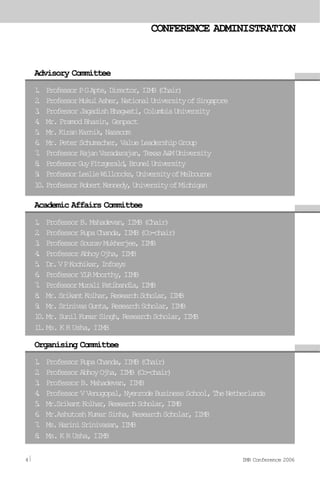 CONFERENCE ADMINISTRATION
1. ProfessorPGApte,Director,IIMB(Chair)
2. ProfessorMukulAsher,NationalUniversityofSingapore
3. ProfessorJagadishBhagwati,ColumbiaUniversity
4. Mr. Pramod Bhasin, Genpact
5. Mr.KiranKarnik,Nasscom
6. Mr.PeterSchumacher,ValueLeadershipGroup
7. ProfessorRajanVaradarajan,TexasA&MUniversity
8. ProfessorGuyFitzgerald,BrunelUniversity
9. ProfessorLeslieWillcocks,UniversityofMelbourne
10.ProfessorRobertKennedy,UniversityofMichigan
Advisory Committee
1. ProfessorRupaChanda,IIMB(Chair)
2. ProfessorAbhoyOjha,IIMB(Co-chair)
3. ProfessorB.Mahadevan,IIMB
4. ProfessorVVenugopal,NyenrodeBusinessSchool,TheNetherlands
5. Mr.SrikantKolhar,ResearchScholar,IIMB
6. Mr.AshutoshKumarSinha,ResearchScholar,IIMB
7. Ms.HariniSrinivasan,IIMB
8. Ms. K R Usha, IIMB
Organising Committee
1. ProfessorB.Mahadevan,IIMB(Chair)
2. ProfessorRupaChanda,IIMB(Co-chair)
3. ProfessorSouravMukherjee,IIMB
4. ProfessorAbhoyOjha,IIMB
5. Dr.VPKochikar,Infosys
6. ProfessorYLRMoorthy,IIMB
7. ProfessorMuraliPatibandla,IIMB
8. Mr.SrikantKolhar,ResearchScholar,IIMB
9. Mr.SrinivasGunta,ResearchScholar,IIMB
10.Mr.SunilKumarSingh,ResearchScholar,IIMB
11.Ms. K R Usha, IIMB
Academic Affairs Committee
4 IMR Conference 2006
 
