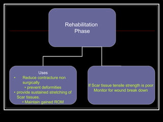 Rehabilitation
Phase
Uses
• Reduce contracture non
surgically
• prevent deformities
• provide sustained stretching of
Scar tissues.
• Maintain gained ROM
If Scar tissue tensile strength is poor
Monitor for wound break down
 
