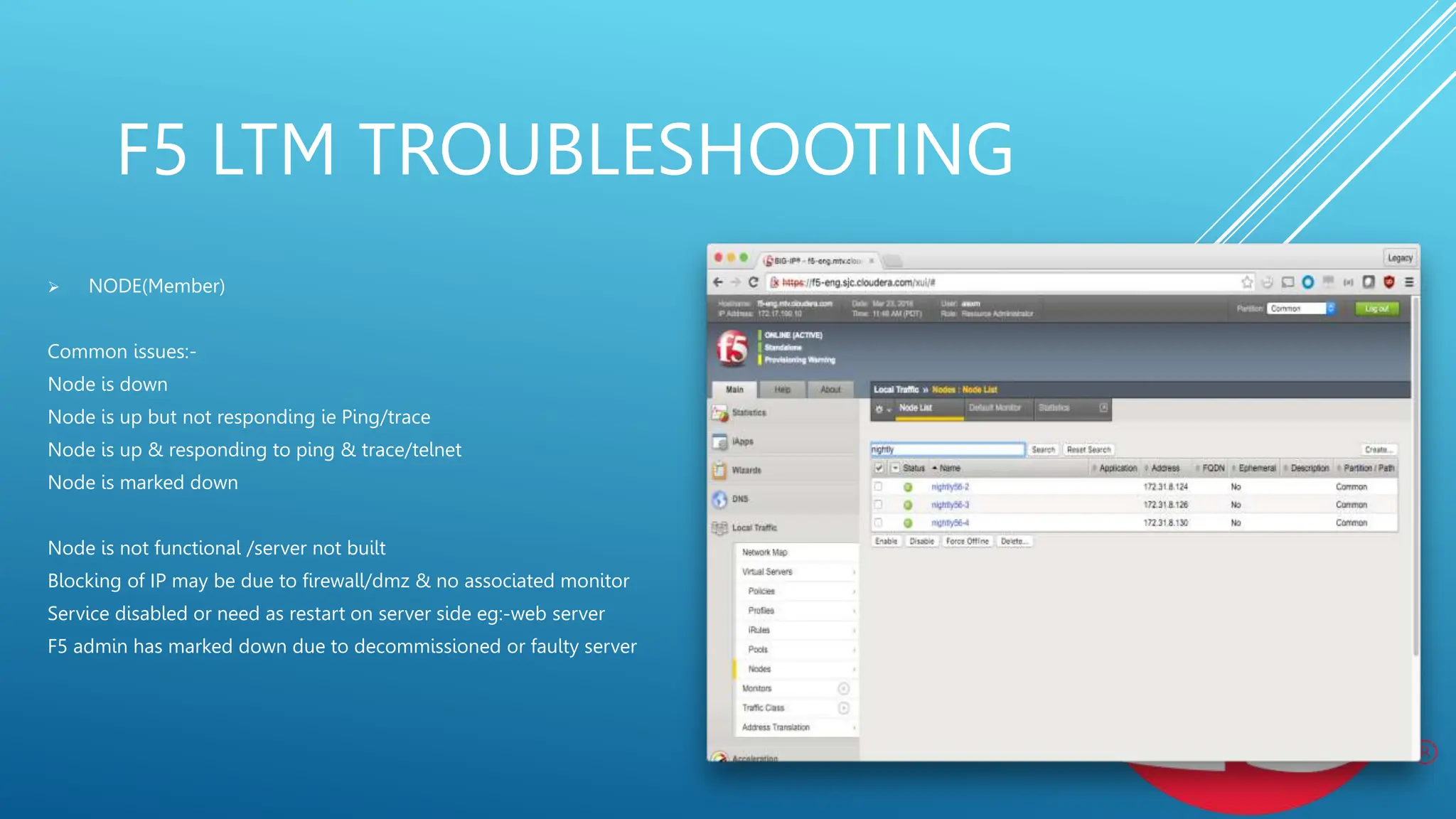 F5 LTM TROUBLESHOOTING
 NODE(Member)
Common issues:-
Node is down
Node is up but not responding ie Ping/trace
Node is up & responding to ping & trace/telnet
Node is marked down
Node is not functional /server not built
Blocking of IP may be due to firewall/dmz & no associated monitor
Service disabled or need as restart on server side eg:-web server
F5 admin has marked down due to decommissioned or faulty server
 