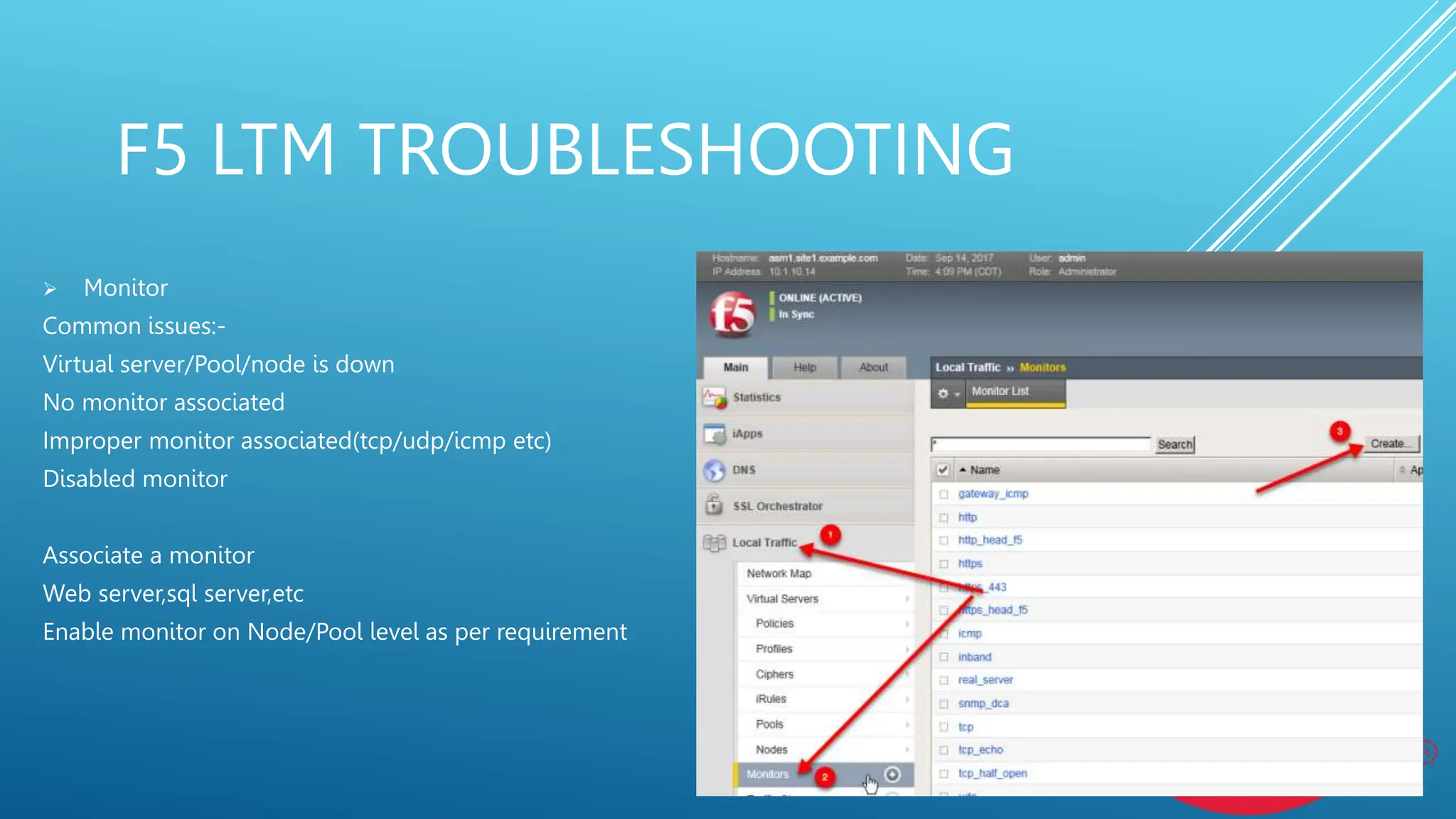 F5 LTM TROUBLESHOOTING
 Monitor
Common issues:-
Virtual server/Pool/node is down
No monitor associated
Improper monitor associated(tcp/udp/icmp etc)
Disabled monitor
Associate a monitor
Web server,sql server,etc
Enable monitor on Node/Pool level as per requirement
 