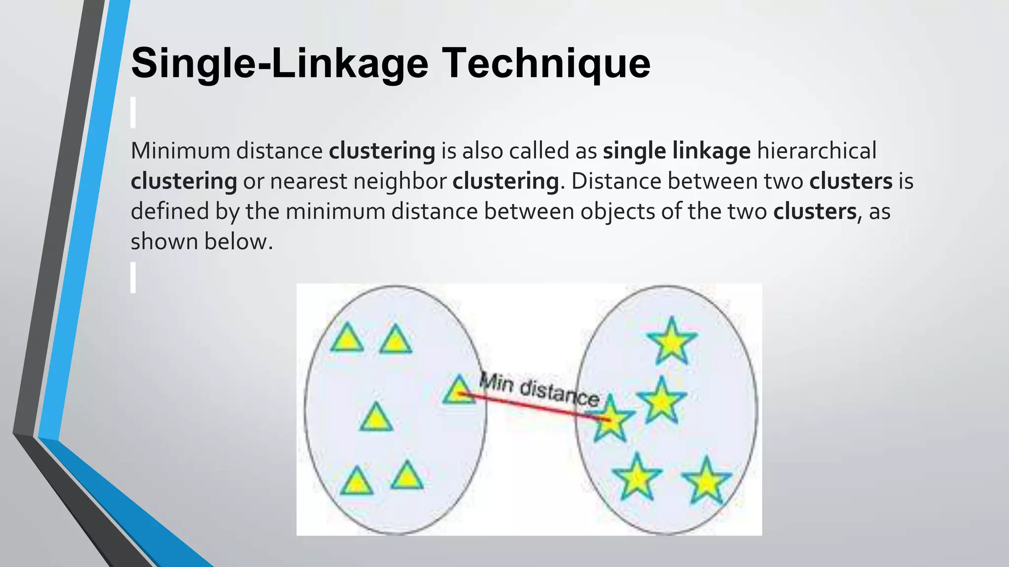 Single-Linkage Technique
Minimum distance clustering is also called as single linkage hierarchical
clustering or nearest neighbor clustering. Distance between two clusters is
defined by the minimum distance between objects of the two clusters, as
shown below.
 