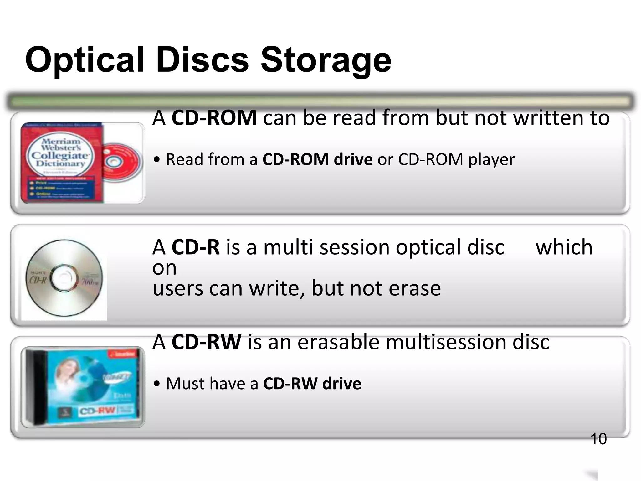 A CD-ROM can be read from but not written to
• Read from a CD-ROM drive or CD-ROM player
A CD-R is a multi session optical disc
on
users can write, but not erase
which
A CD-RW is an erasable multisession
• Must have a CD-RW drive
disc
14
10
Optical Discs Storage
 