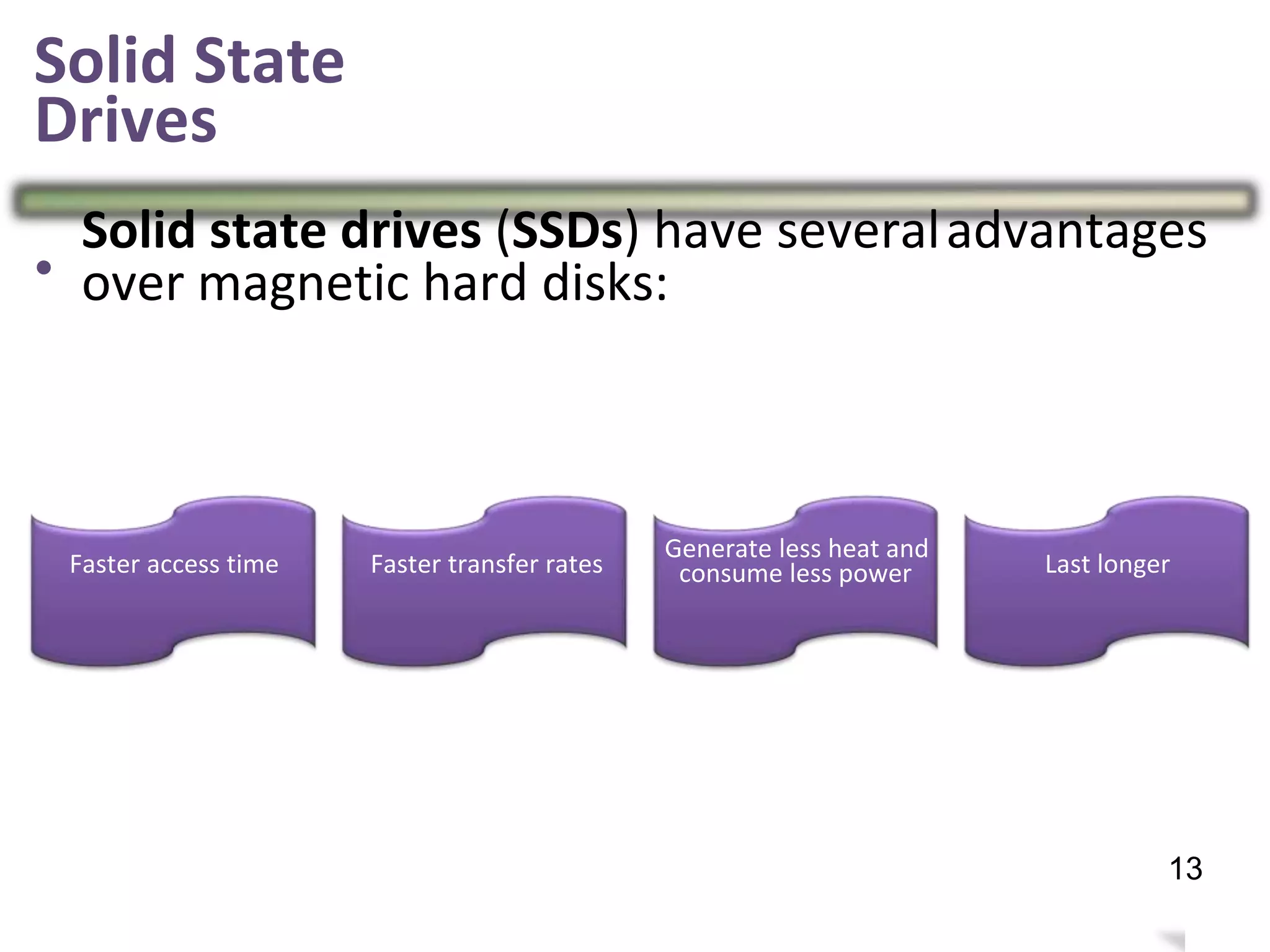 Solid State
Drives
•
Solid state drives (SSDs) have several
over magnetic hard disks:
advantages
Generate less heat and
consume less powerFaster access time Faster transfer rates Last longer
17
13
 