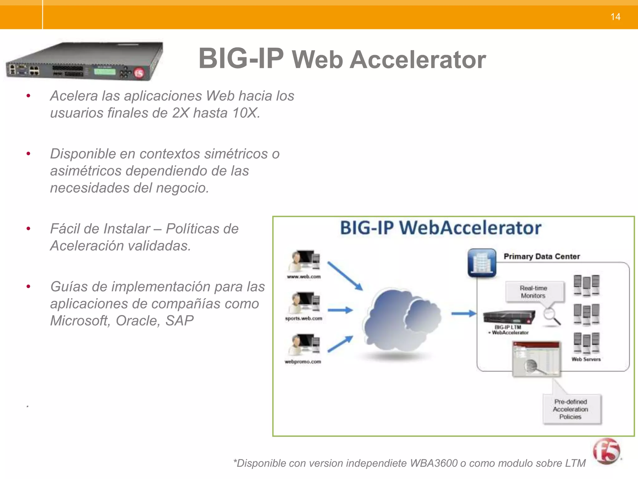 					BIG-IP Web AcceleratorAcelera las aplicaciones Web hacia los usuarios finales de 2X hasta 10X.Disponible en contextos simétricos o asimétricos dependiendo de las necesidades del negocio.Fácil de Instalar – Políticas de Aceleración validadas. Guías de implementación para las aplicaciones de compañías como Microsoft, Oracle, SAP.*Disponible con version independiete WBA3600 o como modulo sobre LTM