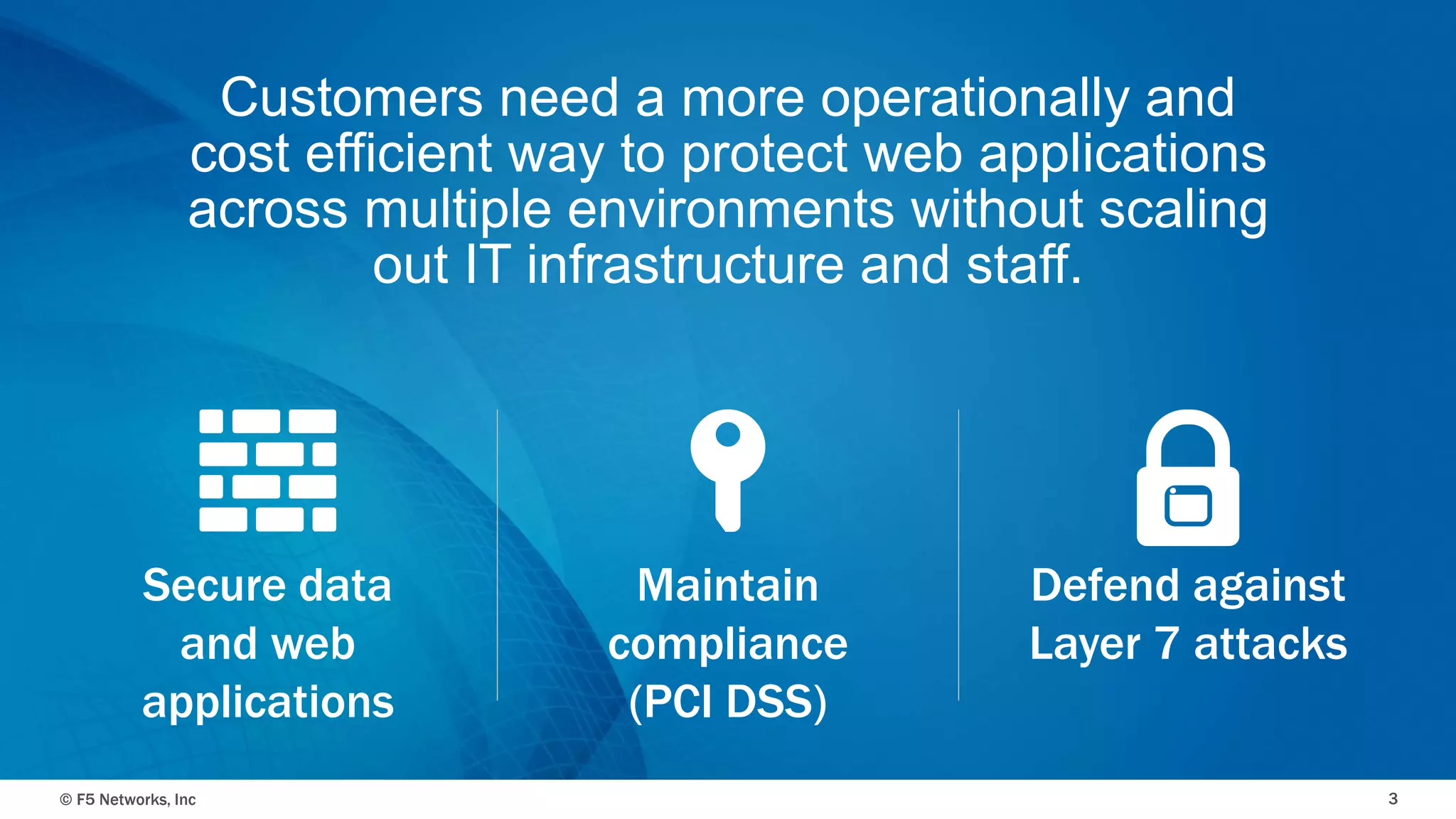 © F5 Networks, Inc 3
Customers need a more operationally and
cost efficient way to protect web applications
across multiple environments without scaling
out IT infrastructure and staff.
Maintain
compliance
(PCI DSS)
Defend against
Layer 7 attacks
Secure data
and web
applications
 