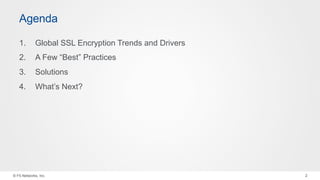 © F5 Networks, Inc. 2
1. Global SSL Encryption Trends and Drivers
2. A Few “Best” Practices
3. Solutions
4. What’s Next?
A...