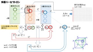 多層パーセプトロン
i番目の入力
𝑥𝑖

𝑛

ｊ番目の素子

素子jの重みwji
（j:0 ～ M）

K番目の出力
𝑉𝑗 𝑛

𝑜 𝑘𝑛
入力xi
(i:0 ～ d)

𝑑個

𝑀個
𝑀

𝑑

入力は普通シグモイドを
通さない

ℎ 𝑗𝑛

=

𝑤 𝑗𝑖 𝑥 𝑖

𝑛

𝑛
𝑘

ℎ =
ｊ=0

𝑖=0

𝑉𝑗 𝑛 = 𝑔( ℎ 𝑗𝑛 )

wj=0 バイアス項
wk=0 バイアス項

𝑤 𝑘𝑗

𝑉𝑗 𝑛

𝑜 𝑘𝑛 = 𝑔 ( ℎ 𝑘𝑛 )

𝑉𝑗

𝑛

𝑔

𝑜 𝑘𝑛

=

exp 𝑜 𝑘𝑛
𝑛
𝐾
𝑙=1 exp 𝑜 𝑙

 