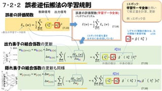 ７・２・２ 誤差逆伝搬法の学習規則
誤差の評価関数
1
𝐸 𝑛 (𝑤) =
2

教師信号

出力信号

1エポック：
学習データ全体を用い
て修正量を計算、更新

誤差の評価関数(学習データ全体)
バッチアルゴリズム

𝐾

(

𝑡 𝑘𝑛

−

𝑜 𝑘𝑛 )2

𝑘=1

𝐸(𝑤) =
(7.13)

1
2

例：τエポック目

𝑁

𝐸 𝑛 (𝑤)
𝑛=1

(7.14)
シグモイド関数の微分は、元
の関数で表現可能
p106

n番目の学習データ使用
1エポックの変化量を
出すのに全Eを回している?

𝑜 𝑘𝑛 = 𝑔 ( ℎ 𝑘𝑛 )

出力素子の結合係数の更新
𝑤 𝒌𝑗(τ+1) = 𝑤 𝒌𝑗(τ) + Δ𝑤 𝒌𝑗(τ)

𝑁

Δ𝑤 𝒌𝑗(τ) =
𝑛=1

𝑛
δ 𝑘 (τ)

𝜕𝐸 𝑛 (𝑤)
−η
𝜕𝑤 𝒌𝑗

𝑁

𝑉𝑗 𝑛

( 𝑡 𝑘𝑛 − 𝑜 𝑘𝑛 )
𝑛=1

𝑔

外側の微分

=η

ℎ 𝑘𝑛

中身の微分

(7.15)

隠れ素子の結合係数の更新も同様
𝑤 𝒋𝑖(τ+1) = 𝑤 𝒋𝑖 (τ) + Δ𝑤 𝒋𝑖(τ)

𝑁

Δ𝑤 𝒋𝑖(τ) =

−η
𝑛=1

𝜕𝐸 𝑛 (𝑤)
𝜕𝑤 𝒋𝑖

𝑁

𝐾

𝑛
δ 𝑘 (τ)

( 𝑡 𝑘𝑛 − 𝑜 𝑘𝑛 )

=η

𝑔

ℎ 𝑘𝑛

𝑤 𝒌𝑗 𝑔

𝑛=1 𝑘=1

(7.16)

ℎ 𝑗𝑛

𝑥 𝑖𝑛

 