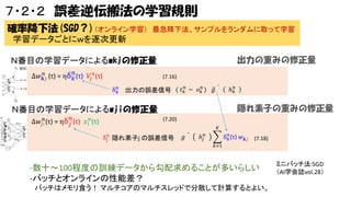 ７・２・２ 誤差逆伝搬法の学習規則
確率降下法(SGD？)（オンライン学習）

最急降下法、サンプルをランダムに取って学習

学習データごとにｗを逐次更新
出力の重みの修正量

Ｎ番目の学習データによるwkjの修正量
𝑛
𝑛
Δ𝑤 𝒌𝑗 (τ) = ηδ 𝑘 (τ) 𝑉𝑗 𝑛 (τ)

(7.16)
𝑛
δ 𝑘 出力の誤差信号 ( 𝑡 𝑘𝑛 − 𝑜 𝑘𝑛 )

Ｎ番目の学習データによるwjiの修正量
Δ𝑤 𝑗 𝑛𝑖 (τ) = ηδ 𝑗𝑛 (τ) 𝑥 𝑖 𝑛 (τ)

ℎ 𝑘𝑛

𝑔

隠れ素子の重みの修正量
(7.20)

δ 𝑗𝑛 隠れ素子j の誤差信号

𝐾

𝑔

ℎ 𝑗𝑛

𝑛
δ 𝑘 (τ) 𝑤 𝒌𝑗 (7.18)
𝑘=1

-数十～100程度の訓練データから勾配求めることが多いらしい
-バッチとオンラインの性能差？
バッチはメモリ食う！ マルチコアのマルチスレッドで分散して計算するとよい。

ミニバッチ法:SGD
（AI学会誌vol.28）

 