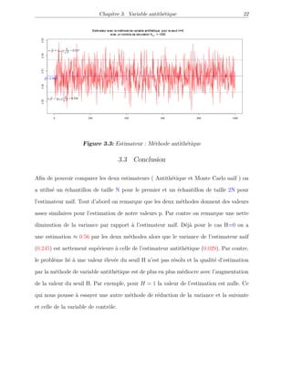 Chapitre 3. Variable antithétique 22
Figure 3.3: Estimateur : Méthode antithétique
3.3 Conclusion
Aﬁn de pouvoir comparer les deux estimateurs ( Antithétique et Monte Carlo naïf ) on
a utilisé un échantillon de taille N pour le premier et un échantillon de taille 2N pour
l’estimateur naïf. Tout d’abord on remarque que les deux méthodes donnent des valeurs
assez similaires pour l’estimation de notre valeurs p. Par contre on remarque une nette
diminution de la variance par rapport à l’estimateur naïf. Déjà pour le cas H=0 on a
une estimation ≈ 0.56 par les deux méthodes alors que le variance de l’estimateur naïf
(0.245) est nettement supérieure à celle de l’estimateur antithétique (0.029). Par contre,
le problème lié à une valeur élevée du seuil H n’est pas résolu et la qualité d’estimation
par la méthode de variable antithétique est de plus en plus médiocre avec l’augmentation
de la valeur du seuil H. Par exemple, pour H = 1 la valeur de l’estimation est nulle. Ce
qui nous pousse à essayer une autre méthode de réduction de la variance et la suivante
et celle de la variable de contrôle.
 