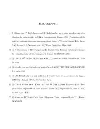 BIBLIOGRAPHIE
[1] P. Glasserman, P. Heidelberger and R. Shahabuddin, Importance sampling and stra-
tiﬁcation for value-at-risk, pp.7-24 in Computational Finance 1999 (Proceedings of the
sixth international conference on computational ﬁnance), Y.S. Abu-Mostafa, B. LeBaron,
A.W. Lo, and A.S. Weigened, eds., MIT Press, Cambridge, Mass, 2000.
[2] [1] P. Glasserman, P. Heidelberger and R. Shahabuddin, Variance reduction techniques
for estimating value-at-risk, Management Science 46 :1349-1364, 2000.
[3] [2] COURS MÉTHODE DE MONTE CARLO, Alexandre Popier Université du Maine,
Le Mans
[4] [3] Introduction aux Méthodes de Monte-Carlo, LAURE ELIE BERNARD LAPEYRE,
Septembre 2001
[5] [4] COURS Introduction aux méthodes de Monte Carlo et applications à la ﬁnance,
MAT5502 , Randal DOUC, Telecom Sud Paris.
[6] [5] COURS METHODES DE SIMULATION MONTE CARLO, Université Paris | Dau-
phine Tunis, responsable du cours à Paris : Xiaolu TAN, responsable du cours à Tunis :
Hichem RAMMEH
[7] [6] Séance de TP Monte Carlo Paris | Dauphine Tunis , responsable du TP : Khaled
BENNOUR.
 