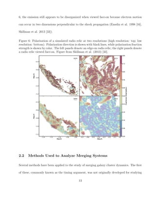 6, the emission still appears to be disorganized when viewed face-on because electron motion
can occur in two dimensions perpendicular to the shock propagation (Ensslin et al. 1998 [16],
Skillman et al. 2013 [33]).
Figure 6: Polarization of a simulated radio relic at two resolutions (high resolution: top; low
resolution: bottom). Polarization direction is shown with black lines, while polarization fraction
strength is shown by color. The left panels denote an edge-on radio relic; the right panels denote
a radio relic viewed face-on. Figure from Skillman et al. (2013) [33].
2.2 Methods Used to Analyze Merging Systems
Several methods have been applied to the study of merging galaxy cluster dynamics. The ﬁrst
of these, commonly known as the timing argument, was not originally developed for studying
13
 