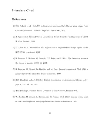 Literature Cited
References
[1] C.E. Aalseth et al. CoGeNT: A Search for Low-Mass Dark Matter using p-type Point
Contact Germanium Detectors. Phys.Rev., D88:012002, 2013.
[2] R. Agnese et al. Silicon Detector Dark Matter Results from the Final Exposure of CDMS
II. Phys.Rev.Lett., 2013.
[3] E. Aprile et al. Observation and applications of single-electron charge signals in the
XENON100 experiment. 2013.
[4] R. Barrena, A. Biviano, M. Ramella, E.E. Falco, and S. Seitz. The dynamical status of
the cluster of galaxies 1e0657-56. 2002.
[5] R. Barrena, M. Girardi, W. Boschin, and M. Dasi. Internal dynamics of Abell 1240: a
galaxy cluster with symmetric double radio relics. 2009.
[6] R.D. Blandford and J.P. Ostriker. Particle Acceleration by Astrophysical Shocks. Astro-
phys.J., 221:L29–L32, 1978.
[7] Hans Bohringer. Summer School Lecture on Galaxy Clusters, Summer 2010.
[8] W. Boschin, M. Girardi, R. Barrena, and M. Nonino. Abell 1758N from an optical point
of view: new insights on a merging cluster with diﬀuse radio emission. 2012.
36
 