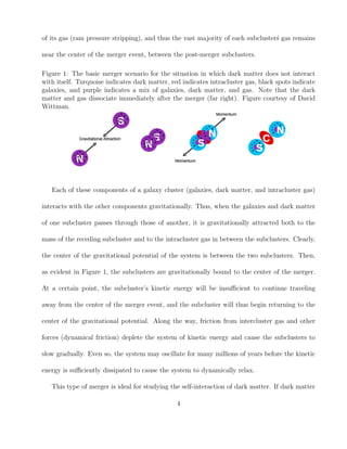 of its gas (ram pressure stripping), and thus the vast majority of each subcluster´s gas remains
near the center of the merger event, between the post-merger subclusters.
Figure 1: The basic merger scenario for the situation in which dark matter does not interact
with itself. Turquoise indicates dark matter, red indicates intracluster gas, black spots indicate
galaxies, and purple indicates a mix of galaxies, dark matter, and gas. Note that the dark
matter and gas dissociate immediately after the merger (far right). Figure courtesy of David
Wittman.
Each of these components of a galaxy cluster (galaxies, dark matter, and intracluster gas)
interacts with the other components gravitationally. Thus, when the galaxies and dark matter
of one subcluster passes through those of another, it is gravitationally attracted both to the
mass of the receding subcluster and to the intracluster gas in between the subclusters. Clearly,
the center of the gravitational potential of the system is between the two subclusters. Then,
as evident in Figure 1, the subclusters are gravitationally bound to the center of the merger.
At a certain point, the subcluster’s kinetic energy will be insuﬃcient to continue traveling
away from the center of the merger event, and the subcluster will thus begin returning to the
center of the gravitational potential. Along the way, friction from intercluster gas and other
forces (dynamical friction) deplete the system of kinetic energy and cause the subclusters to
slow gradually. Even so, the system may oscillate for many millions of years before the kinetic
energy is suﬃciently dissipated to cause the system to dynamically relax.
This type of merger is ideal for studying the self-interaction of dark matter. If dark matter
4
 
