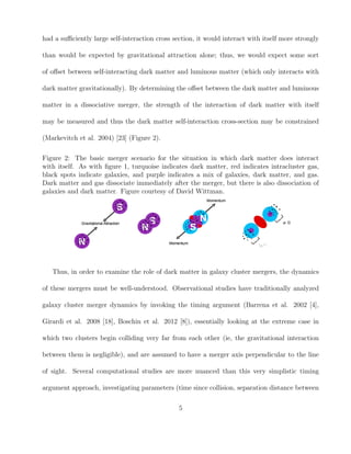had a suﬃciently large self-interaction cross section, it would interact with itself more strongly
than would be expected by gravitational attraction alone; thus, we would expect some sort
of oﬀset between self-interacting dark matter and luminous matter (which only interacts with
dark matter gravitationally). By determining the oﬀset between the dark matter and luminous
matter in a dissociative merger, the strength of the interaction of dark matter with itself
may be measured and thus the dark matter self-interaction cross-section may be constrained
(Markevitch et al. 2004) [23] (Figure 2).
Figure 2: The basic merger scenario for the situation in which dark matter does interact
with itself. As with ﬁgure 1, turquoise indicates dark matter, red indicates intracluster gas,
black spots indicate galaxies, and purple indicates a mix of galaxies, dark matter, and gas.
Dark matter and gas dissociate immediately after the merger, but there is also dissociation of
galaxies and dark matter. Figure courtesy of David Wittman.
Thus, in order to examine the role of dark matter in galaxy cluster mergers, the dynamics
of these mergers must be well-understood. Observational studies have traditionally analyzed
galaxy cluster merger dynamics by invoking the timing argument (Barrena et al. 2002 [4],
Girardi et al. 2008 [18], Boschin et al. 2012 [8]), essentially looking at the extreme case in
which two clusters begin colliding very far from each other (ie, the gravitational interaction
between them is negligible), and are assumed to have a merger axis perpendicular to the line
of sight. Several computational studies are more nuanced than this very simplistic timing
argument approach, investigating parameters (time since collision, separation distance between
5
 