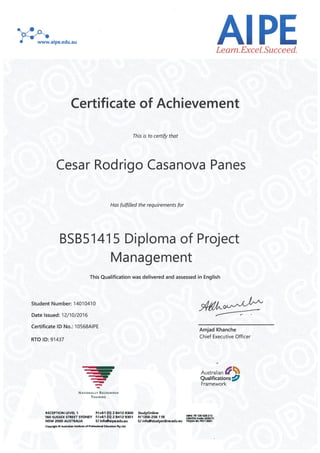 Diploma of Project Management - Certification of Achievement and Mark
