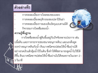 ตัวอย่างที่5 
- การทดลองเรื่องการไหลของของเหลว 
- การทดลองเรื่องพฤติกรรมของปลาปิรันย่า 
- การทดลองเรื่องการมองเห็นวัตถุแบบสามมิติ 
- กิจกรรมการไหลซึมของนา้ 
ความรู้พืน้ฐาน 
การไหลซึมของนา้สู่ดินขึน้อยู่กับปัจจัยหลายประการ เช่น 
(เนือ้ดิน และการกระจายของขนาดอนุภาคดิน) และแรงดึงดูด 
ระหว่างอนุภาคดินกับนา้ ดินบางชนิดจะปล่อยให้นา้ซึมผ่านได้ 
อย่างรวดเร็วแล้วอุ้มนา้ไว้ในดิน ซงึ่ทาให้พืชสามารถดูดนา้ไปใช้ได้ 
ดีขึน้ ดินบางชนิดอาจปล่อยให้นา้ซึมผ่านไปได้หมดภายในเวลา 2 - 
3 วินาที 
 