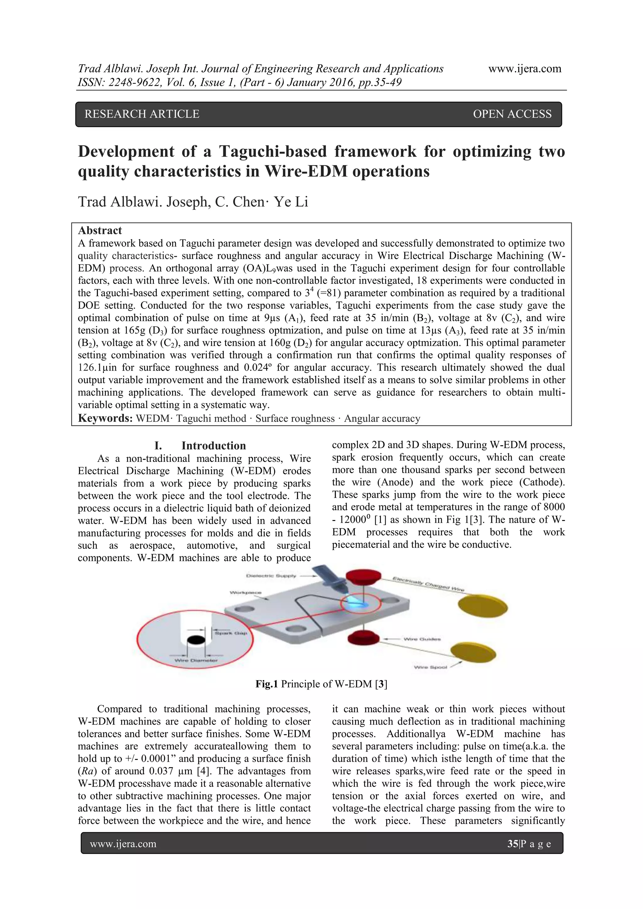 Trad Alblawi. Joseph Int. Journal of Engineering Research and Applications www.ijera.com
ISSN: 2248-9622, Vol. 6, Issue 1, (Part - 6) January 2016, pp.35-49
www.ijera.com 35|P a g e
Development of a Taguchi-based framework for optimizing two
quality characteristics in Wire-EDM operations
Trad Alblawi. Joseph, C. Chen· Ye Li
Abstract
A framework based on Taguchi parameter design was developed and successfully demonstrated to optimize two
quality characteristics- surface roughness and angular accuracy in Wire Electrical Discharge Machining (W-
EDM) process. An orthogonal array (OA)L9was used in the Taguchi experiment design for four controllable
factors, each with three levels. With one non-controllable factor investigated, 18 experiments were conducted in
the Taguchi-based experiment setting, compared to 34
(=81) parameter combination as required by a traditional
DOE setting. Conducted for the two response variables, Taguchi experiments from the case study gave the
optimal combination of pulse on time at 9µs (A1), feed rate at 35 in/min (B2), voltage at 8v (C2), and wire
tension at 165g (D3) for surface roughness optmization, and pulse on time at 13µs (A3), feed rate at 35 in/min
(B2), voltage at 8v (C2), and wire tension at 160g (D2) for angular accuracy optmization. This optimal parameter
setting combination was verified through a confirmation run that confirms the optimal quality responses of
126.1µin for surface roughness and 0.024º for angular accuracy. This research ultimately showed the dual
output variable improvement and the framework established itself as a means to solve similar problems in other
machining applications. The developed framework can serve as guidance for researchers to obtain multi-
variable optimal setting in a systematic way.
Keywords: WEDM· Taguchi method · Surface roughness · Angular accuracy
I. Introduction
As a non-traditional machining process, Wire
Electrical Discharge Machining (W-EDM) erodes
materials from a work piece by producing sparks
between the work piece and the tool electrode. The
process occurs in a dielectric liquid bath of deionized
water. W-EDM has been widely used in advanced
manufacturing processes for molds and die in fields
such as aerospace, automotive, and surgical
components. W-EDM machines are able to produce
complex 2D and 3D shapes. During W-EDM process,
spark erosion frequently occurs, which can create
more than one thousand sparks per second between
the wire (Anode) and the work piece (Cathode).
These sparks jump from the wire to the work piece
and erode metal at temperatures in the range of 8000
- 12000⁰ [1] as shown in Fig 1[3]. The nature of W-
EDM processes requires that both the work
piecematerial and the wire be conductive.
Fig.1 Principle of W-EDM [3]
Compared to traditional machining processes,
W-EDM machines are capable of holding to closer
tolerances and better surface finishes. Some W-EDM
machines are extremely accurateallowing them to
hold up to +/- 0.0001” and producing a surface finish
(Ra) of around 0.037 µm [4]. The advantages from
W-EDM processhave made it a reasonable alternative
to other subtractive machining processes. One major
advantage lies in the fact that there is little contact
force between the workpiece and the wire, and hence
it can machine weak or thin work pieces without
causing much deflection as in traditional machining
processes. Additionallya W-EDM machine has
several parameters including: pulse on time(a.k.a. the
duration of time) which isthe length of time that the
wire releases sparks,wire feed rate or the speed in
which the wire is fed through the work piece,wire
tension or the axial forces exerted on wire, and
voltage-the electrical charge passing from the wire to
the work piece. These parameters significantly
RESEARCH ARTICLE OPEN ACCESS
 