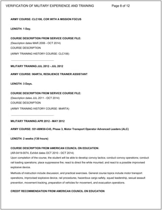 ARMY COURSE: CLC106, COR WITH A MISSION FOCUS
LENGTH: 1 Day.
COURSE DESCRIPTION FROM SERVICE COURSE FILE:
(Description dates MAR 2006 - OCT 2014)
COURSE DESCRIPTION
(ARMY TRAINING HISTORY COURSE: CLC106)
MILITARY TRAINING:JUL 2012 - JUL 2012
ARMY COURSE: 964RTA, RESILIENCE TRAINER ASSISTANT
LENGTH: 3 Days.
COURSE DESCRIPTION FROM SERVICE COURSE FILE:
(Description dates JUL 2011 - OCT 2014)
COURSE DESCRIPTION
(ARMY TRAINING HISTORY COURSE: 964RTA)
MILITARY TRAINING:APR 2012 - MAY 2012
ARMY COURSE: 551-88M30-C45, Phase 3, Motor Transport Operator Advanced Leaders (ALC)
LENGTH: 2 weeks (130 hours)
COURSE DESCRIPTION FROM AMERICAN COUNCIL ON EDUCATION:
(AR-0419-0074, Exhibit dates OCT 2010 - OCT 2014)
Upon completion of the course, the student will be able to develop convoy tactics; conduct convoy operations; conduct
rail loading operations; place suppressive fire; react to direct fire while mounted; and react to a possible improvised
explosive device.
Methods of instruction include discussion, and practical exercises. General course topics include motor transport
operations, improvised explosive device, rail procedures, hazardous cargo safety, squad leadership, sexual assault
prevention, movement tracking, preparation of vehicles for movement, and evacuation operations.
CREDIT RECOMMENDATION FROM AMERICAN COUNCIL ON EDUCATION
_____________________________
_____________________________
VERIFICATION OF MILITARY EXPERIENCE AND TRAINING Page 8 of 12
 