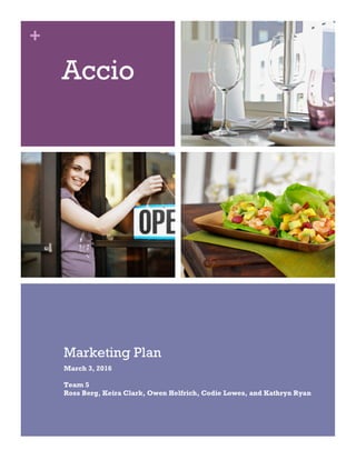 +
Accio
Marketing Plan
March 3, 2016
Team 5
Ross Berg, Keira Clark, Owen Helfrich, Codie Lowes, and Kathryn Ryan
 