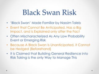 Black Swan Risk
• ‘Black Swan’ Made Familiar by Nassim Taleb
• Event that Cannot Be Anticipated, Has a Big
Impact, and is Explained only after the Fact
• Often Mischaracterized As Any Low Probability
Event or Emerging Risk
• Because A Black Swan Is Unanticipated, it Cannot
be Hedged (Beforehand)
• It is Claimed that Building General Resilience into
Risk Taking is the only Way to Manage This
 
