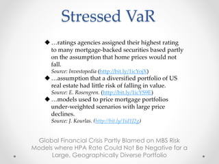 Stressed VaR
Global Financial Crisis Partly Blamed on MBS Risk
Models where HPA Rate Could Not Be Negative for a
Large, Geographically Diverse Portfolio
…ratings agencies assigned their highest rating
to many mortgage-backed securities based partly
on the assumption that home prices would not
fall.
Source: Investopedia (http://bit.ly/1icYojX)
…assumption that a diversified portfolio of US
real estate had little risk of falling in value.
Source: E. Rosengren. (http://bit.ly/1icYS9E)
…models used to price mortgage portfolios
under-weighted scenarios with large price
declines.
Source: J. Kourlas. (http://bit.ly/1id1J2g)
 