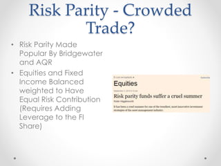 Risk Parity - Crowded
Trade?
• Risk Parity Made
Popular By Bridgewater
and AQR
• Equities and Fixed
Income Balanced
weighted to Have
Equal Risk Contribution
(Requires Adding
Leverage to the FI
Share)
 