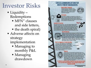 Investor Risks
 Liquidity –
Redemptions
 MFN” clauses
and side letters,
 the death spiral)
 Adverse affects on
strategy
implementation
 Managing to
monthly P&L
 Managing
drawdown
 
