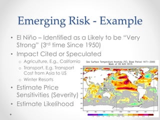 Emerging Risk - Example
• El Niño – Identified as a Likely to be “Very
Strong” (3rd time Since 1950)
• Impact Cited or Speculated
o Agriculture, E.g., California
o Transport, E.g. Transport
Cost from Asia to US
o Winter Resorts
• Estimate Price
Sensitivities (Severity)
• Estimate Likelihood
 