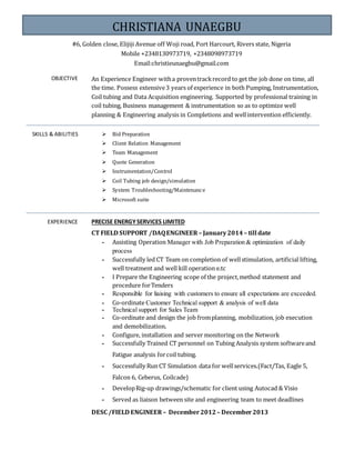 #6, Golden close, Elijiji Avenue off Woji road, Port Harcourt, Rivers state, Nigeria
Mobile +2348130973719, +2348098973719
Email:christieunaegbu@gmail.com
OBJECTIVE An Experience Engineer witha proventrackrecord to get the job done on time, all
the time. Possess extensive3 years of experience in both Pumping, Instrumentation,
Coil tubing and Data Acquisition engineering. Supported by professional training in
coil tubing, Business management & instrumentation so as to optimize well
planning & Engineering analysis in Completions and wellintervention efficiently.
SKILLS & ABILITIES  Bid Preparation
 Client Relation Management
 Team Management
 Quote Generation
 Instrumentation/Control
 Coil Tubing job design/simulation
 System Troubleshooting/Maintenance
 Microsoft suite
EXPERIENCE PRECISE ENERGYSERVICES LIMITED
CT FIELD SUPPORT /DAQENGINEER – January2014 – till date
- Assisting Operation Manager with Job Preparation & optimization of daily
process
- Successfully led CT Team on completion of wellstimulation, artificial lifting,
well treatment and well kill operation e.tc
- I Prepare the Engineering scope of the project,method statement and
procedure forTenders
- Responsible for liaising with customers to ensure all expectations are exceeded.
- Co-ordinate Customer Technical support & analysis of well data
- Technical support for Sales Team
- Co-ordinate and design the job fromplanning, mobilization, job execution
and demobilization.
- Configure, installation and server monitoring on the Network
- Successfully Trained CT personnel on Tubing Analysis system softwareand
Fatigue analysis forcoil tubing.
- Successfully Run CT Simulation data for wellservices.(Fact/Tas, Eagle 5,
Falcon 6, Ceberus, Coilcade)
- DevelopRig-up drawings/schematic for client using Autocad & Visio
- Served as liaison between site and engineering team to meet deadlines
DESC /FIELD ENGINEER – December2012 – December2013
CHRISTIANA UNAEGBU
 