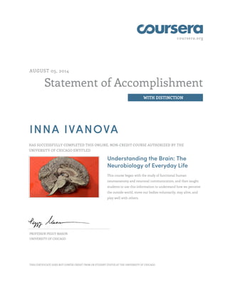 coursera.org
Statement of Accomplishment
WITH DISTINCTION
AUGUST 05, 2014
INNA IVANOVA
HAS SUCCESSFULLY COMPLETED THIS ONLINE, NON-CREDIT COURSE AUTHORIZED BY THE
UNIVERSITY OF CHICAGO ENTITLED
Understanding the Brain: The
Neurobiology of Everyday Life
This course began with the study of functional human
neuroanatomy and neuronal communication, and then taught
students to use this information to understand how we perceive
the outside world, move our bodies voluntarily, stay alive, and
play well with others.
PROFESSOR PEGGY MASON
UNIVERSITY OF CHICAGO
THIS CERTIFICATE DOES NOT CONFER CREDIT FROM OR STUDENT STATUS AT THE UNIVERSITY OF CHICAGO.
 