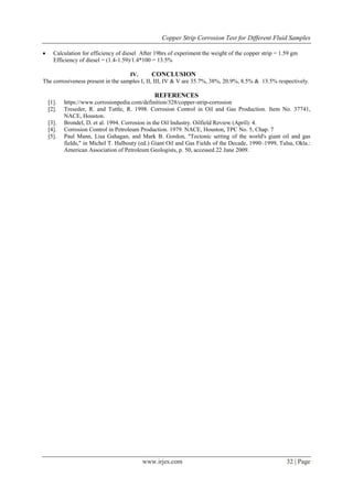 Copper Strip Corrosion Test for Different Fluid Samples
www.irjes.com 32 | Page
 Calculation for efficiency of diesel After 19hrs of experiment the weight of the copper strip = 1.59 gm
Efficiency of diesel = (1.4-1.59)/1.4*100 = 13.5%
IV. CONCLUSION
The corrosiveness present in the samples I, II, III, IV & V are 35.7%, 38%, 20.9%, 8.5% & 13.5% respectively.
REFERENCES
[1]. https://www.corrosionpedia.com/definition/328/copper-strip-corrosion
[2]. Treseder, R. and Tuttle, R. 1998. Corrosion Control in Oil and Gas Production. Item No. 37741,
NACE, Houston.
[3]. Brondel, D. et al. 1994. Corrosion in the Oil Industry. Oilfield Review (April): 4.
[4]. Corrosion Control in Petroleum Production. 1979. NACE, Houston, TPC No. 5, Chap. 7
[5]. Paul Mann, Lisa Gahagan, and Mark B. Gordon, "Tectonic setting of the world's giant oil and gas
fields," in Michel T. Halbouty (ed.) Giant Oil and Gas Fields of the Decade, 1990–1999, Tulsa, Okla.:
American Association of Petroleum Geologists, p. 50, accessed 22 June 2009.
 