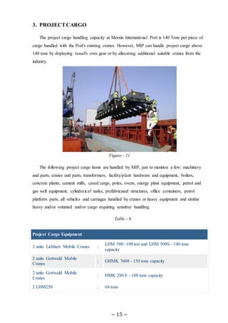 ~ 15 ~
3. PROJECTCARGO
The project cargo handling capacity at Mersin International Port is 140 Tons per piece of
cargo handled with the Port's existing cranes. However, MIP can handle project cargo above
140 tons by deploying vessel's own gear or by allocating additional suitable cranes from the
industry.
Figure - 11
The following project cargo items are handled by MIP, just to mention a few: machinery
and parts, cranes and parts, transformers, facility/plant hardware and equipment, boilers,
concrete plants, cement mills, cased cargo, poles, ovens, energy plant equipment, petrol and
gas well equipment, cylinderical tanks, prefabricated structures, office containers, petrol
platform parts, all vehicles and carriages handled by cranes or heavy equipment and similar
heavy and/or volumed and/or cargo requiring sensitive handling.
Table - 6
Project Cargo Equipment
2 units Liebherr Mobile Cranes :
LHM 500 -100 ton and LHM 500S - 140 tons
capacity
2 units Gottwald Mobile
Cranes
: GHMK 7608 - 150 tons capacity
2 units Gottwald Mobile
Cranes
: HMK 280 E - 100 tons capacity
2 LHM250 : 64 tons
 