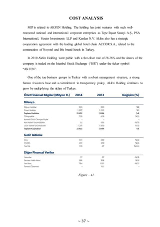 ~ 37 ~
COST ANALYSIS
MIP is related to AKFEN Holding. The holding has joint ventures with such well-
renowned national and international corporate enterprises as Tepe İnşaat Sanayi A.Ş., PSA
International, Souter Investments LLP and Kardan N.V. Akfen also has a strategic
cooperation agreement with the leading global hotel chain ACCOR S.A., related to the
construction of Novotel and Ibis brand hotels in Turkey.
In 2010 Akfen Holding went public with a free-float rate of 28.26% and the shares of the
company is traded on the Istanbul Stock Exchange (“ISE”) under the ticker symbol
“AKFEN”.
One of the top business groups in Turkey with a robust management structure, a strong
human resources base and a commitment to transparency policy, Akfen Holding continues to
grow by multiplying the riches of Turkey.
Figure – 41
 