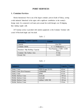 ~ 8 ~
PORT SERVICES
1. Container Services
Mersin International Port is one of the largest container ports in South of Turkey, serving
a wide industrial hinterland in the region with a signficant contribution to the country's
foreign trade. It is connected to all main ports around the world through over 20 shipping
lines making regular calls.
24/7 nonstop service is provided with modern equipments at the Container Terminal with
a total 1470m berth length and 14m draft.
Table - 2
Container Terminal Capacity
Information
Column1
Capacity 1,8m TEU
Container Berths 6 + 3 ( Multipurpose )
Maximum Ship Berthing Capacity
Post Panamax ( 5,000 - 6,500
TEUs )
Container Site Surface Area 35 Aha
Ground Slot 10,225
Table - 3
Equipment Model Capacity Number
Gantry Crane MŞM-Krupp 50 SVL 40 ton 3
Gantry Crane (Post Panamax) LIEBHERR 45 ton 2
Gantry Crane ZPMC 65 ton 2
Mobile Harbour Crane Gottwald 100 ton 2
Mobile Harbour Crane Gottwald 150 ton 2
Mobile Harbour Crane Liebherr LHM 500 140 ton 2
Mobile Harbour Crane 10 ton 1
 