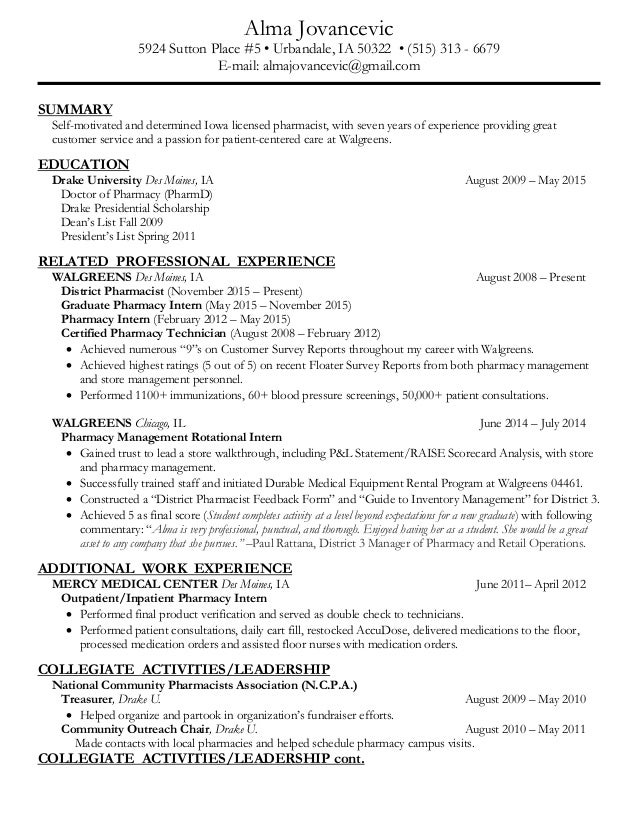 Walgreens Resume pharmacist resume sample Resume Alma Jovancevic 5924 Sutton Place 5 Urbandale Ia 50322 515 Walgreens Resume walgreens upload resume screenshot Resume Alma Jovancevic 5924 Sutton Place 5 Urbandale Ia 50322 515