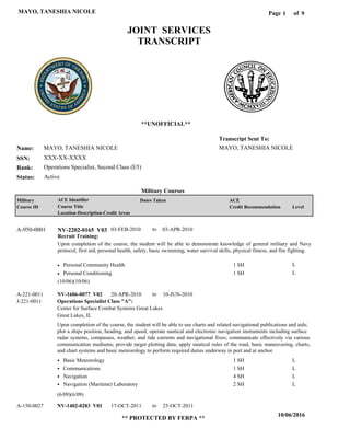 Page of1
10/06/2016
** PROTECTED BY FERPA **
MAYO, TANESHIA NICOLE 9
MAYO, TANESHIA NICOLE
XXX-XX-XXXX
Operations Specialist, Second Class (E5)
MAYO, TANESHIA NICOLE
Transcript Sent To:
Name:
SSN:
Rank:
JOINT SERVICES
TRANSCRIPT
**UNOFFICIAL**
Military Courses
ActiveStatus:
Military
Course ID
ACE Identifier
Course Title
Location-Description-Credit Areas
Dates Taken ACE
Credit Recommendation Level
Recruit Training:
Upon completion of the course, the student will be able to demonstrate knowledge of general military and Navy
protocol, first aid, personal health, safety, basic swimming, water survival skills, physical fitness, and fire fighting.
NV-2202-0165 V03A-950-0001 03-FEB-2010 03-APR-2010
Personal Community Health
Personal Conditioning
L
L
1 SH
1 SH
Operations Specialist Class "A":
NV-1606-0077 V02
NV-1402-0283 V01
20-APR-2010
17-OCT-2011
10-JUN-2010
25-OCT-2011
Upon completion of the course, the student will be able to use charts and related navigational publications and aids;
plot a ships position, heading, and speed; operate nautical and electronic navigation instruments including surface
radar systems, compasses, weather, and tide currents and navigational fixes; communicate effectively via various
communication mediums; provide target plotting data; apply nautical rules of the road, basic maneuvering, charts,
and chart systems and basic meteorology to perform required duties underway in port and at anchor.
A-221-0011
A-150-0027
Center for Surface Combat Systems Great Lakes
Great Lakes, IL
J-221-0011
Basic Meteorology
Communications
Navigation
Navigation (Maritime) Laboratory
1 SH
1 SH
4 SH
2 SH
L
L
L
L
(10/06)(10/06)
(6/09)(6/09)
to
to
to
 