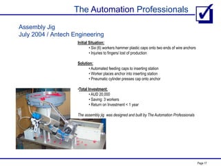 The Automation Professionals
Page 17
Assembly Jig
July 2004 / Antech Engineering
Initial Situation:
• Six (6) workers hammer plastic caps onto two ends of wire anchors
• Injuries to fingers/ lost of production
Solution:
• Automated feeding caps to inserting station
• Worker places anchor into inserting station
• Pneumatic cylinder presses cap onto anchor
•Total Investment:
• AUD 20,000
• Saving: 3 workers
• Return on Investment < 1 year
The assembly jig was designed and built by The Automation Professionals
 