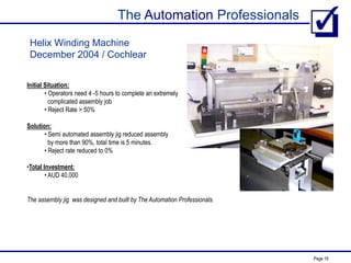 The Automation Professionals
Page 18
Helix Winding Machine
December 2004 / Cochlear
Initial Situation:
• Operators need 4 -5 hours to complete an extremely
complicated assembly job
• Reject Rate > 50%
Solution:
• Semi automated assembly jig reduced assembly
by more than 90%, total time is 5 minutes.
• Reject rate reduced to 0%
•Total Investment:
• AUD 40,000
The assembly jig was designed and built by The Automation Professionals.
 