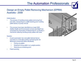 The Automation Professionals
Page 29
Design an Empty Pallet Removing Mechanism (EPRM)
Australia - 2008
Initial situation:
• The process of handling empty pallets (removing from
pick slots, transporting to a pallet stacking point, building
pallet stacks) is purely manual
• This process have been identified as a major SHE
(Safety Health and Environment) concern and BigW has
contracted the Automation Professionals P/L to develop a
mechanism allowing handling empty pallets with ease.
Solution:
• A semi-automated, low cost pallet retrieval device
mounted on a manually pushed overhead guide rail.
Motorized components allow effortlessly
• Picking up pallets
• Rotating to bring pallet in an upright position
• Stacking up at stacking point
• Patent pending
 